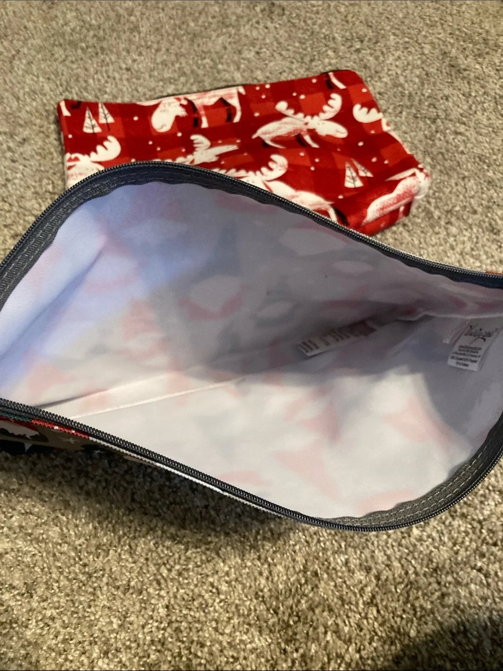 Thirtyone Holiday Moose & Gnome Canvas Zip large Pouches - Red & Gray